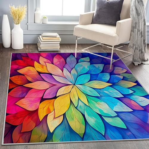 buyluhn Waschbar in Waschmaschine Wohnzimmer Teppich Farbenfrohe Blumen 140x180 Kurzflor Teppich Schlafzimmer, Blumen Teppich Gegend Dünn Bettvorleger Saugfähig für Jugendzimmer Jungen Mädchen