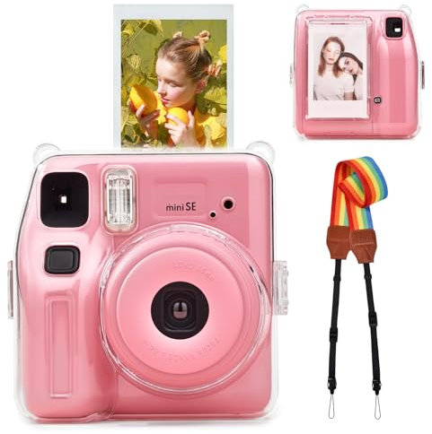 VOVMOEYA Custodia protettiva trasparente compatibile con Fujifilm Instax Mini SE, custodia da trasporto per fotocamera istantanea Fuji Instax Mini SE, custodia per PC con tasca per riporre foto e