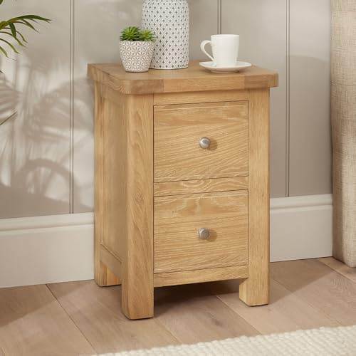 The Furniture Market Marbury Oak | Slim 2 Drawer Bedside Table | Narrow Nightstand for Small Spaces | Solid Wood | Brushed Nickel Handles | Fully Assembled | H 560 x W 400 x D 340mm