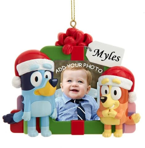 Bluey and Bingo Weihnachtsdekoration, offizielles Lizenzprodukt, Mini-Bilderrahmen, Weihnachtsbaumschmuck, personalisierbar mit individuellem Namen