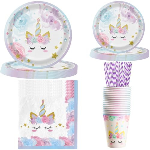 POPOYU 84Pcs Unicorn Party Tableware,Pink Unicorn Birthday Decorations for Girls,Unicorn Paper Plates Cups Napkins Paper Straws,Unicorn Party Supplies for Kids Birthday,Serves 16 Guests