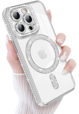 Newseego für iPhone 15 Pro Hülle, Glitzer Funkelnde Diamanten Handyhülle Kompatibel mit MagSafe Luxuriös Bling Flexibel TPU Glitter 6,1 Zoll Schutzhülle Fallschutz Stoßfest für iPhone 15 Pro Silber