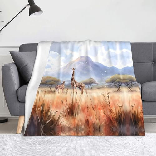 WZYWHJ Afrikanische Savannen-Giraffen-Druck, Decke, Überwurf, leicht, warm, bequem, weich, langlebig, für Zuhause, praktisch zum Ausruhen im Freien