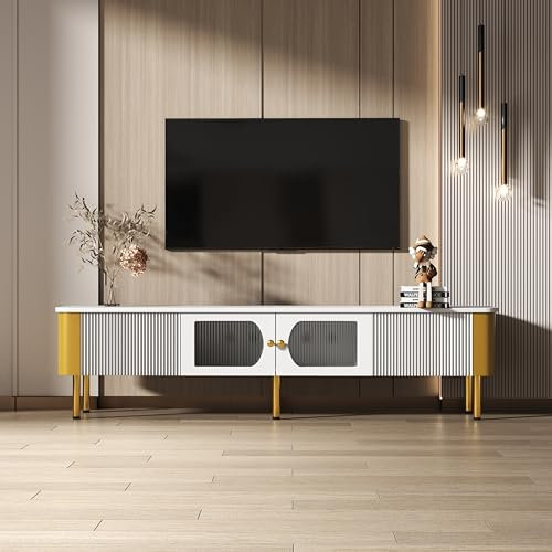 Mobile TV - Console TV Moderna con Cassetti e Ante Curve, Gambe e Maniglie in Metallo Dorato, Stile Contemporaneo per Soggiorno/Camera (Bianco + Oro 1)