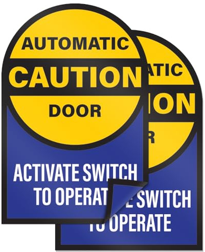 2pk Caution Automatic Door Activate Switch to Operate Stickers | Double Sided Signs for Sliding Glass Doors | Weatherproof Vinyl Safety Door Decals, 6 Diameter