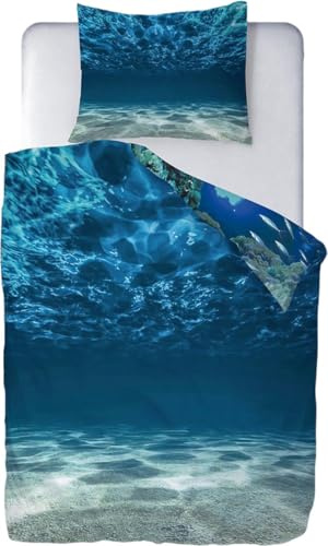 Ulticool – Bettbezug – Bettwäsche Delfin Meer Aquarium Fische Tiere – 140 x 200 cm – Kissenbezug 60 x 70 cm – für Bettdecke 1 Person Zimmer – für Kinder Jungen Mädchen – Blau