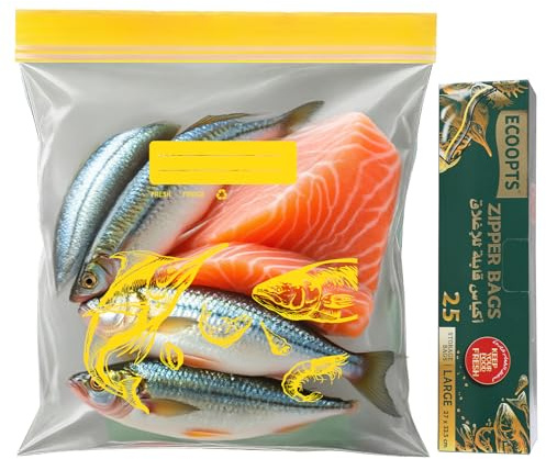 Large Food Storage Freezer Bags by ECOOPTS | Double Zipper Lock&Easy to Open Fresh Keep Bags| Ultra Stong Reusable, BPA Free 27×33.5cm/Bag(25, L)