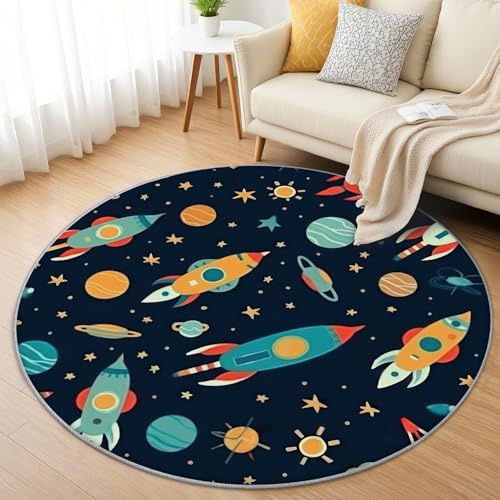 AevuCub Rakete Kinder Teppich Rund 120cm Kurzflor - Waschbare Teppiche Wohnzimmer Jungen Weltraum - Runder Teppich 120 Durchmesser Kinderzimmer - Bettvorleger Schlafzimmer rutschfest Weich