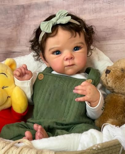 YHdolls Reborn Baby Puppe Mädchen 48 cm Weichvinyl Babypuppe Handgefertigte Lebensechte Neugeborenen Elijah Silikon Sammlerpuppe mit Grüner Latzhose und Zubehör