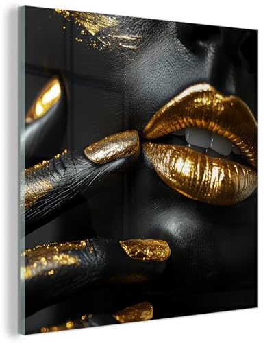 MuchoWow© Wandbilder Glas Schlafzimmer Home Deko Wohnung Bild Wohnzimmer | 40x40 cm - Wand Glasbilder Leinwand Wall Decor Gold - Lippen - Porträt - Abstrakt - Luxus