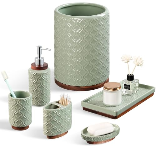 RQYIXI Badezimmer-Zubehör-Set, grün, 6-teilig, Zahnbürstenhalter, Seifenspender, Keramik, Badezimmer-Zubehör-Set enthält Zahnputzbecher, Seifenschale, Becher