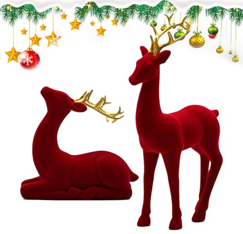 Quorvex Weihnachts Hirsch Figuren - Flockierte Weihnachtstiere | 2 Teile Rot Und Grün Stehende Und Sitzende Rentier Skulptur,Deko Für Wohnzimmer Küche Partys Nachttisch