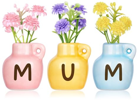 GoMelley Birthday Gifts for Mum, Cute Mini Ceramic Vase Fridge Magnets | Mum Gifts from Daughter Son, Christmas Presents for Mum Mummy Mother Step Mum, 3 Pcs with Artificial Flowers