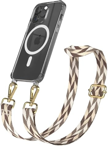 EAZY CASE Handykette - Verstellbares Taschenband kompatibel mit iPhone 15 Pro Max, Schulterriemen, Handykordel mit Silikon Hülle, Qi Charging kompatibel, Umhängetasche, Braun/Taupe Mix Gold