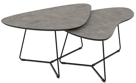 Hela Tische, Couchtisch 2er Set Pisa, Betonoptik dunkel mit Steinstruktur,Gestell Metall Rundrohr, Ø 87+83cm