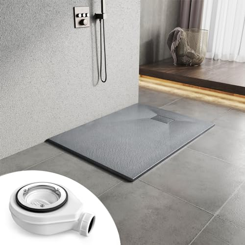 Heilmetz Receveur de douche 120x90 cm Gris extra-plat 2,6 cm avec bonde | Receveur SMC effet pierre antidérapant avec bonde Ø 90 mm, hauteur 2,6 cm, surface facile à nettoyer et pose flexible
