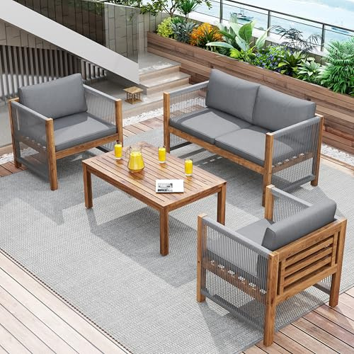 ECLIVON Gartenmöbel Sitzgruppe für 4 Personen, Outdoor Möbel 4-teilig mit Tisch und Sessel, Gartenmöbel Set mit Sitzkissen und Kissen, Balkonmöbel Essgruppe für Garten Terrasse Balkon (Grau)