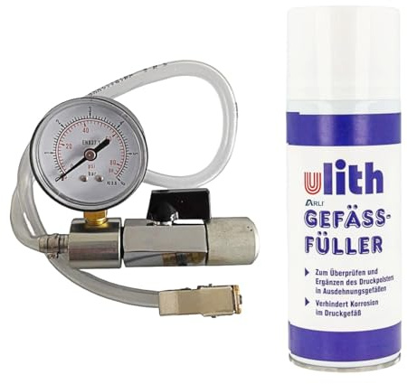 ARLI Gefäßfüller 400ml brennbar FCKW frei inkl. Anschlussadapter mit Absperrvorrichtung und Manometer für Membran Ausdehnungsgefäße Set (1 Dose + 1 Adapter)