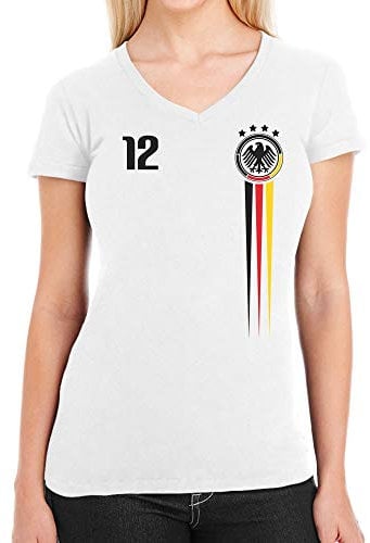 Der 12. Mann - Deutschland Nationaltrikot Fußball Fanartikel WM 2022 Damen T-Shirt V-Ausschnitt Medium Weiß