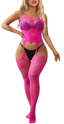 Buitifo Donna Fishnet Bodystocking Lingerie Donna Sexy Intima Pizzo Halter Babydoll Trasparente Pigiama Sleepwear(rosa GB,Taglia unica)