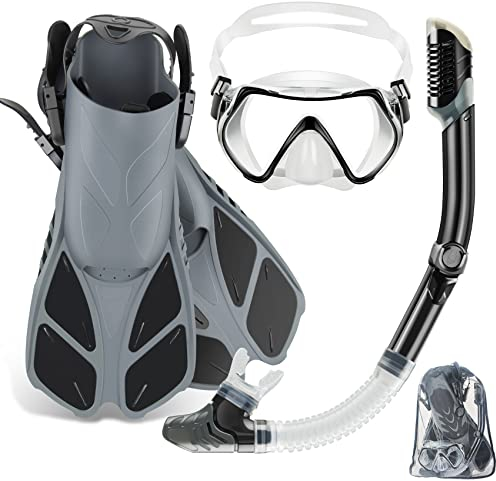 ZEEPORTE Maskenflosse Schnorchelset mit Schnorchelausrüstung für Erwachsene, Panoramablick Tauchmaske, Trek Fin, Dry Top Schnorchel + Reisetaschen, Schnorchel für Rundenschwimmen