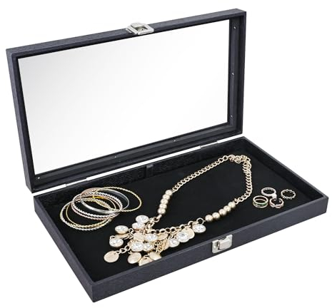 Ikee Design Kunstleder-Schmuckvitrine aus Holz mit Glasplatte und schwarzem Samtpolster, Aufbewahrungsbox für Zuhause, Schmucktablett aus Holz, 37,5 cm B x 21 cm T x 5,3 cm H