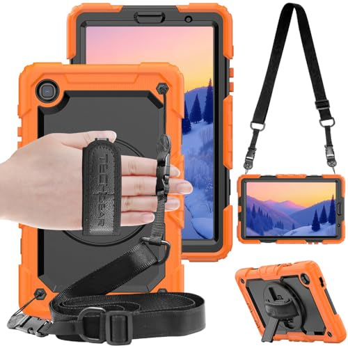 TECHGEAR UTILITY Case fits Samsung Galaxy Tab A7 Lite 8.7 (SM-T220 / SM-T225) Tough Rugged HEAVY DUTY Armour Shockproof Impact Case with 360 Rotating Stand, Hand Strap and Shoulder Strap -Orange