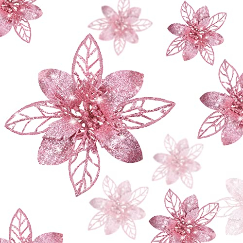 Boao 24 Pieces Christmas Glitter Artificial Poinsettia Flowers Christmas Flowers Decorations Wedding Xmas Tree New Year Ornaments (Pink)