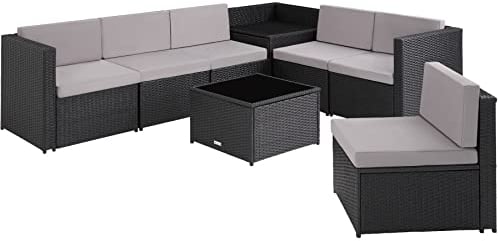 TecTake® Salon de Jardin Exterieur en Rotin 6 Places en Resine Tressee Modulable 6 Fauteuil Jardin Coffre de Rangement et Table en Verre Inclus pour Amenagement Balcon Terrasse – Noir