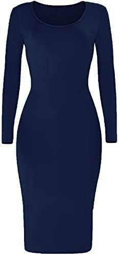 Brezza Ladies Womens Plain Long Sleeve Scoop Neck Stretch Bodycon Maxi Midi Dress 8-26 Navy Blue