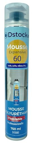 DSTOCK60 - Lot de 1 mousse expansive 750 ML - Mousse polyuréthane professionnelle - Isole, colle et rebouche - Mousse pistolable - Extérieur et intérieur