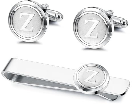 Kakonia 2Pcs Bouton de Manchette Pince à Cravate Homme Bouton de Manchette Pince à Cravate Personnalisée Noire Skinny Argent pour Mariage Affaires La fête 26 Lettres Z