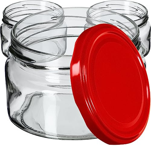 KADAX Lot de 50 pots à confiture de 250 ml avec couvercle à visser rouge Ø 82 mm – Hermétiques, passent au lave-vaisselle, idéaux pour confitures, chutneys, légumes marinés, viandes, tartes et