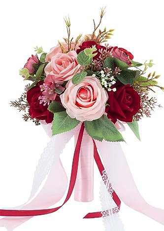 Floinla Rote & rosa Hochzeitssträuße für Braut Brautjungfer Blumenstrauß Künstliche Rosen Werfen Brautstrauß für Hochzeit Kirche Heimdekoration, Geschenke