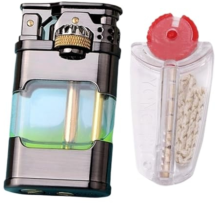 OLELY Retro feuerzeug,Vintage Benzin wiederverwendbares winddichtes Feuerzeug mit weicher Flamme, kerosin feuerzeug sichtbarem Tank mit Feuersteinen und Docht (Color : Schwarz)