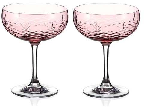 DIAMANTE Frederik Bagger Gatsbyhand Cut Pink Crystal Saucers - Set of 2 Champagne Saucer Coupes (Pink)
