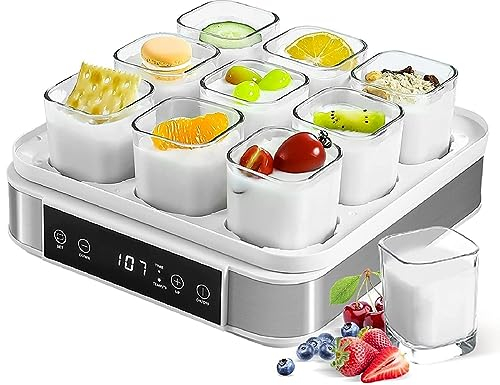Automatic Yogurt Natto Machine - Adjustable Temperature & Time Control - 9pcs Glass Jars - Stainless Steel Rice Wine Maker - Organic Yogurt - Home Natto Maker
