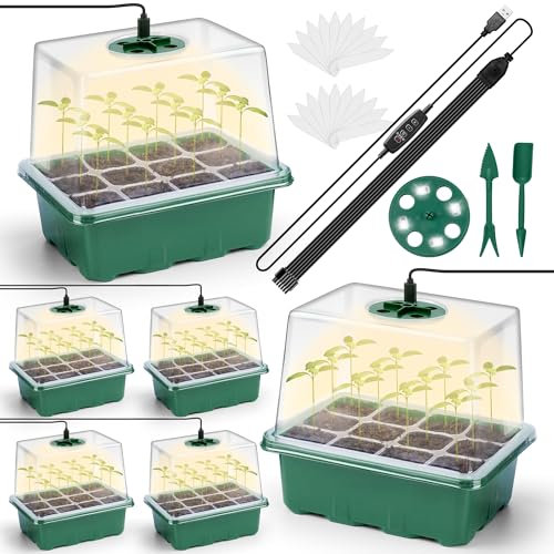 SUNXIZ 6 Pcs Seed Trays with Grow Light for Plants Propagator with Heighten Lids Humidity Domes Thicken Seedling Trays with LEDs Full Spectrum Lights for Plants Indoor Greenhouse Garden