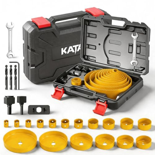 KATA Kit de scies-cloches, 20 pièces avec 13 lames de scie, 2 mandrins, 3 forets, 1 plaque d'installation, 1 clé hexagonale, idéal pour le bois tendre, le contreplaqué, les cloisons sèches, le PVC
