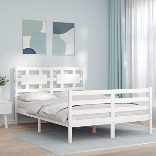 vidaXL Massivholzbett, Bett mit Kopfteil, Doppelbett Holzbett für Schlafzimmer, Bettrahmen Bettgestell mit Lattenrost, Schlafzimmermöbel, Weiß