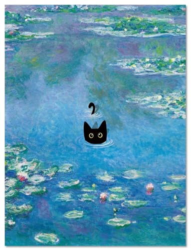 MINI ZOZI Poster mit schwarzer Katze, Motiv: Monet, Vintage, berühmte Kunst, 30,5 x 40,6 cm, Motiv: Seerosen mit Katze, lustig, Leinwand, Wandkunstdruck, Gemälde, große Katzen, Poster, Druck,