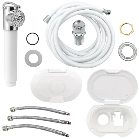 Shop SoftAir Kit Doccia Completo di Miscelatore Acqua Calda o Fredda da Incasso Tubo 5 Metri per Barca, Camper, Nautica (Kit Doccia a Stilo Testa Ottone)