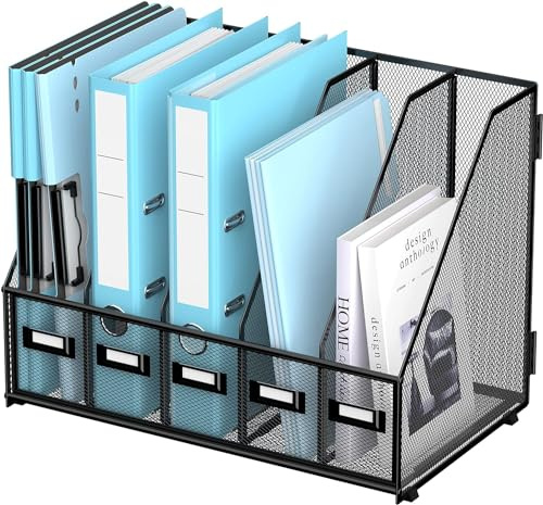 SUPTIDY Metal Magazine File Holder for Desk with 5 Vertical Compartments, Magazine Rack Desk Tidy Organiser for Office, Home Workspace, Black Plus