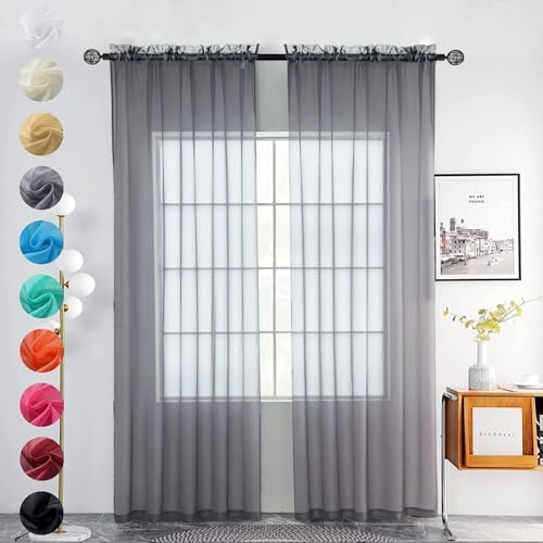 Youleyar 2 Set Sheer Transparente Gardine aus Voile Polyester Stab-Taschenfenster Transparent Vorhänge Wohnzimmer Dekoration für Schlafzimmer W140 X H245 cm Grau