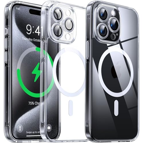 Flyzoo Clear Magnetic Case for iPhone 15 Pro (6.1'') with Camera Protector, [Compatible with MagSafe] [Non-Yellowing] [Shockproof & Antiscratch Protection] Hard Transparent Cover with Silicone, Clear