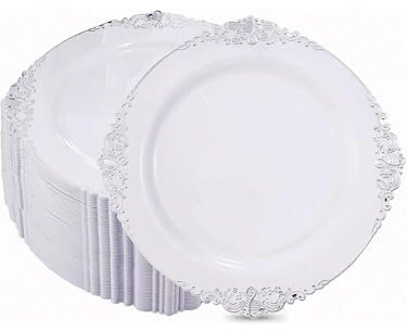 SZHXVIVISY Lot de 25 assiettes à salade rondes en plastique blanc noir rose baroque 19 cm ou assiettes en plastique réutilisables avec feuille gaufrée et bord doré (argenté, 19 cm)