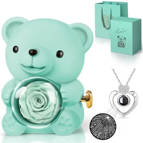 Hnustbo Rose Eternelle avec Collier I Love You, Nounours Ours en Rose Idee Cadeau pour Femme Mère Maman Amie, Cadeau Fete des Meres, Cadeau Saint Valentin Femme Cadeau Original Noel Anniversaires