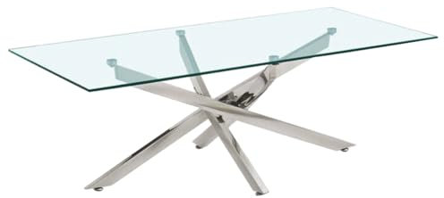 Mesa de centro rectangular L. 120 cm de cristal templado con base cruzada estrella de metal cromado, diseño minimalista y contemporáneo