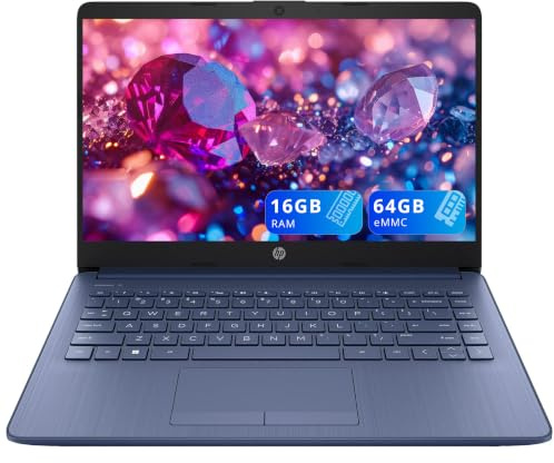 HP Premium Stream 14 Zoll HD BrightView Laptop, Intel Celeron N4120, 16GB RAM, 64GB eMMC Speicher, HD Webcam, 1UHD Grafik, Year Office 365, Bluetooth, WiFi, HDMI, Win 11s, Blau, 32GB Hotface USB Karte