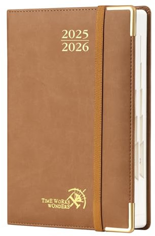 POPRUN Tagesplaner 2025 2026 A5 Hardcover 21,5 x 14,5 cm (Aug.2025-Jul.2026), Tageskalender 1 Tag 1 Seite (Montag - Sonntag) mit PU-Leder, Monatliche Registerkarten - Braun